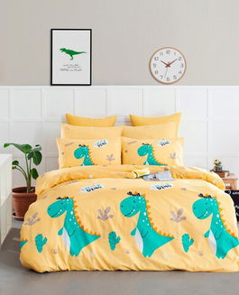 Lenjerie de pat dubla (BL), Little Dino - Yellow, Mijolnir, Bumbac Ranforce