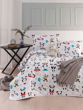 Set cuvertura matlasata dubla King (FR), 3 piese, Love Pandas, Mijolnir, Bumbac Ranforce