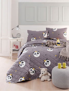 Set cuvertura matlasata dubla King (FR), 3 piese, Kral Panda - Grey, Mijolnir, Bumbac Ranforce