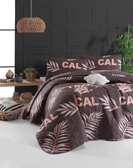 Set cuvertura matlasata dubla King (FR), 3 piese, Tropical - Brown, Mijolnir, Bumbac Ranforce