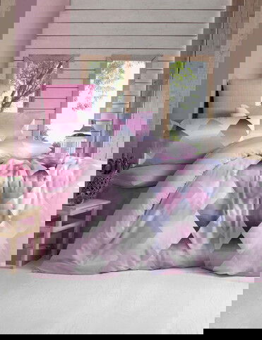 Lenjerie de pat dubla (EU) (IT), 3 piese, Petek - Pink, Victoria, 65% bumbac/35% poliester