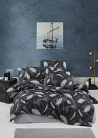 Lenjerie de pat dubla King (FR), Feather - Black, Victoria, Bumbac Ranforce