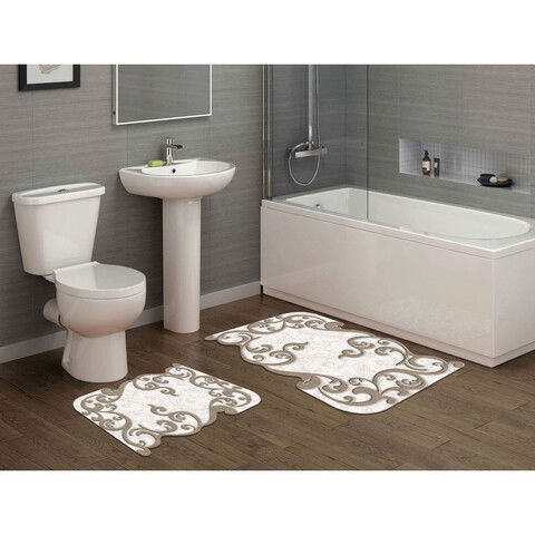 Set covoraș de baie (2 bucăți), Alanur Home, 210FG41515BJ, Poliester, Bej/Alb