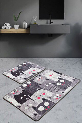 Set covoraș de baie (2 bucăți), Chilai, Meow, Catifea, Multicolor