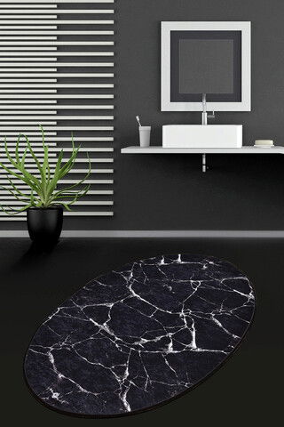 Covoraș de baie, Chilai, Marble DJT, 80x120 cm, Catifea, Negru / Bleumarin / Alb