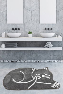 Covoraș de baie, Chilai, Sleeping Cat, 70x120 cm, Fibre acrilice, Gri