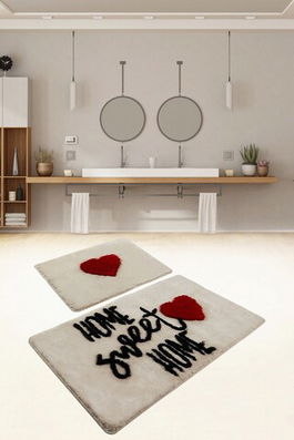 Set covoraș de baie (2 bucăți), Chilai, Home Sweet Home, Fibre acrilice, Alb