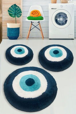 Set covoraș de baie (3 bucăți), Chilai, Nazar, Fibre acrilice, Turcoaz / Alb / Albastru / Negru