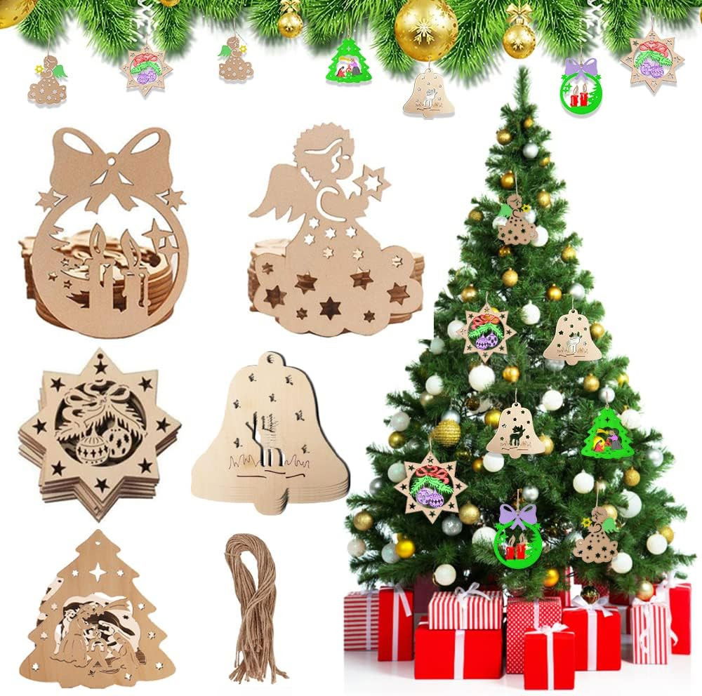 Set de 50 de pandative pentru Bradul de Craciun WELLXUNK®, lemn, natur, 7-8 cm