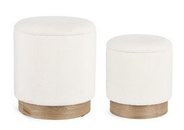 Set 2 taburete cu spatiu de depozitare Zoya, Bizzotto, Ø 37 x 42 cm, poliester Boucle, alb