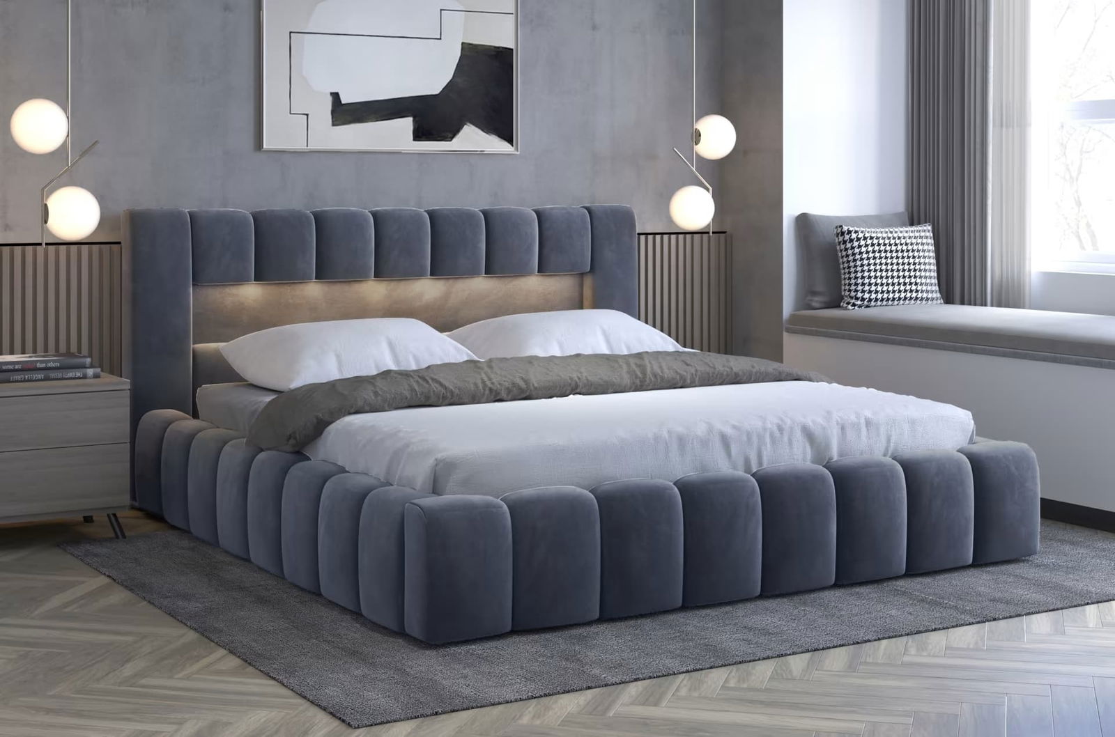 Pat rabatabil cu lada de depozitare, tapitat cu stofa si LED inclus, Lamiso Neutral Velvet