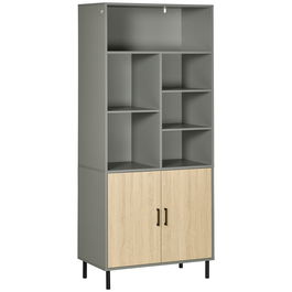 HOMCOM Dulap de Depozitare Independent, Biblioteca cu 6 Rafturi Deschise, Dulap cu Usa Dubla si Rafturi Reglabile pentru Camera de Zi, Birou, Dormitor, Gri