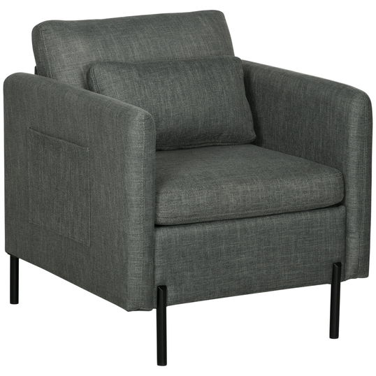 HOMCOM Scaun Decorativ din Stofa, Fotoliu, Fotoliu Modern pentru Camera de Zi cu 4 Picioare din Otel, 2 Buzunare Laterale, Captuseala Groasa, pentru Dormitor, Gri