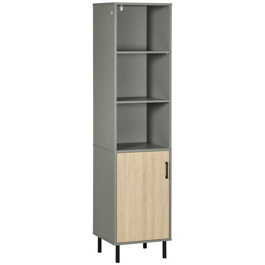 HOMCOM Dulap de Depozitare Independent, Biblioteca cu 5 Nivele cu 3 Rafturi Deschise, Dulap cu Usa si Rafturi Reglabile pentru Camera de Zi, Birou, Dormitor, Gri