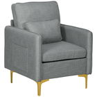 HOMCOM Scaun Decorativ din Stofa, Fotoliu, Fotoliu Modern pentru Camera de Zi cu 4 Picioare din Otel, 2 Buzunare Laterale, Captuseala Groasa, pentru Dormitor, Gri