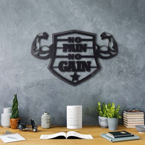 Decoratiune de perete, No Pain No Gain, Metal, Dimensiune: 33 x 50 cm, Negru