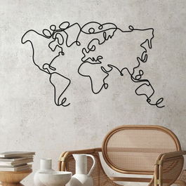 Decoratiune de perete, World Map, Metal, Grosime: 2 mm, Negru