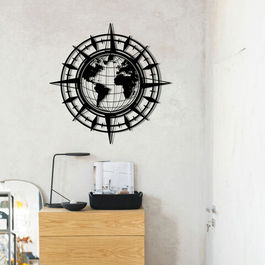 Decoratiune de perete, World Map, Metal, Dimensiune: 49 x 49 cm, Nuc negru