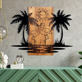Decoratiune de perete, Hawaii 2, Metal, Cadru: 100% LEMN (grosime: 3 cm), Nuc negru