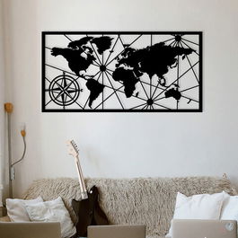 Decoratiune de perete, World Map 11, Metal, Dimensiune: 120 x 60 cm, Negru