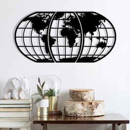 Decoratiune de perete, World Map Large Metal Wall Decor, Metal, Dimensiune: 116 x 58 cm, Negru
