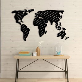 Decoratiune de perete, World Map 9, Metal, Dimensiune: 135 x 73 cm, Negru