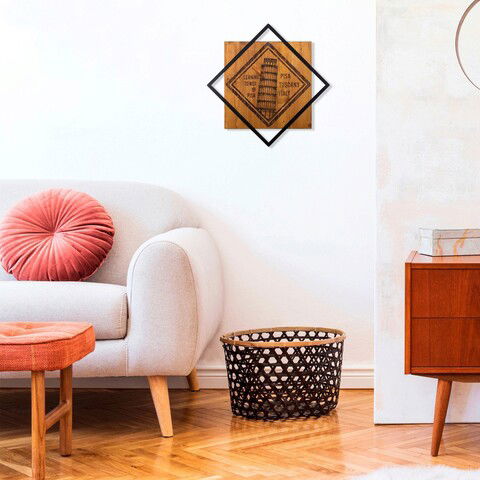 Decoratiune de perete, Italy Stamp, 50% lemn/50% metal, Dimensiune: 54 x 54 cm, Nuc / Negru