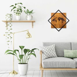 Decoratiune de perete, World, 50% lemn/50% metal, Dimensiune: 54 x 54 cm, Nuc / Negru