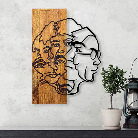Decoratiune de perete, Faces from World, 50% lemn/50% metal, Dimensiune: 35 x 3 x 50 cm, Negru / Nuc deschis