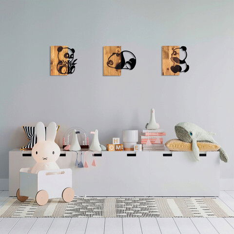 Decoratiune de perete, Pandas, 50% lemn/50% metal, No 1: 23 x 3 x 25 cm, Nuc negru