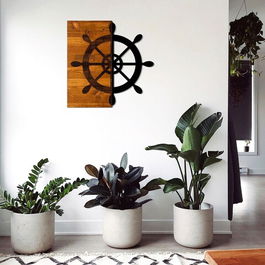 Decoratiune de perete, Dumen, 50% lemn/50% metal, Dimensiune: 58 x 58 cm, Nuc / Negru