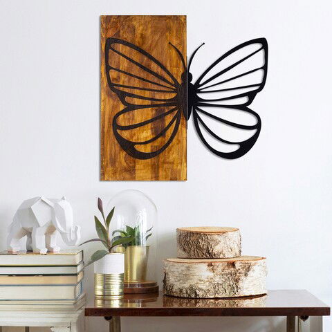 Decoratiune de perete, Butterfly, 50% lemn/50% metal, Dimensiune: 58 x 58 cm, Nuc / Negru