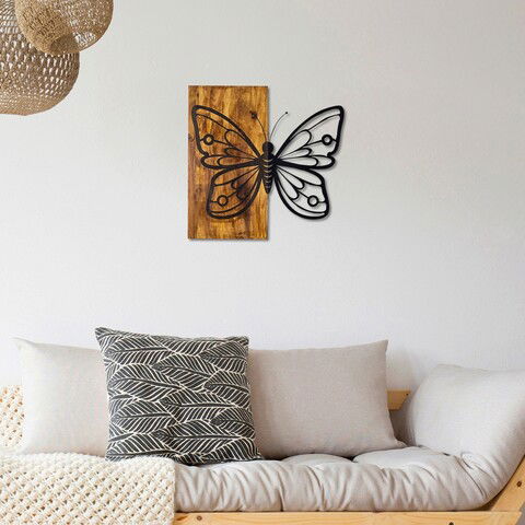 Decoratiune de perete, Butterfly 3, 50% lemn/50% metal, Dimensiune: 59 x 58 cm, Nuc / Negru