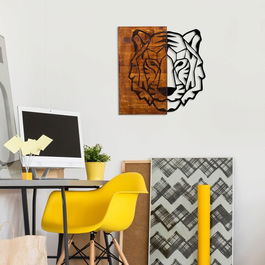 Decoratiune de perete, Tıger1, 50% lemn/50% metal, Dimensiune: 55,5 x 58 cm, Nuc / Negru