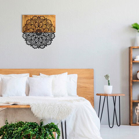 Decoratiune de perete, Mandala 5, 50% lemn/50% metal , Dimensiune: 59 x 58 x 3 cm, Negru
