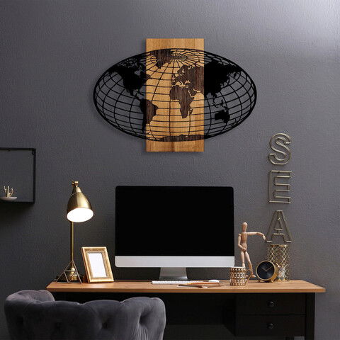 Decoratiune de perete, Wold Map, 50% lemn/50% metal, Dimensiune: 87 x 3 x 58 cm, Nuc negru