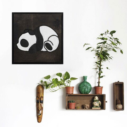 Decoratiune de perete, Panda 3, Placaj, 30 x 30 cm, Alb negru