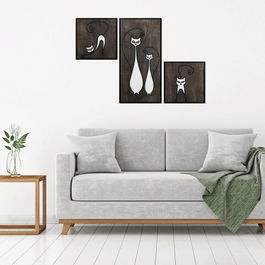 Decoratiune de perete, Cat Family Set, Placaj, 30 x 30 cm, 2 piese, Alb negru