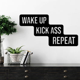 Decoratiune de perete, Wake Up Kick Ass Repeat, Metal, Dimensiune: 69 x 1,5 x 37 cm, Negru