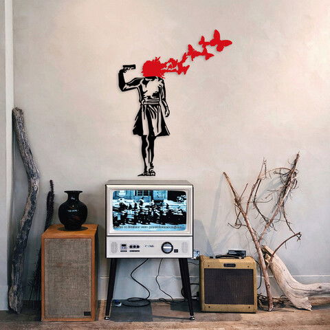 Decoratiune de perete, Banksy, Metal, Dimensiune: 66 x 51 cm, Negru/Roșu