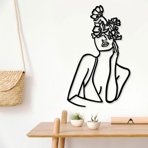 Decoratiune de perete, Woman And Flower, Metal, Dimensiune: 44 x 62 cm, Negru