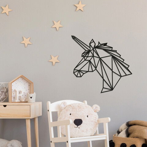 Decoratiune de perete, Unicorn, Metal, Dimensiune: 53 x 50 cm, Negru