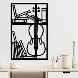 Decoratiune de perete, Violin And Bookshelf, Metal, Dimensiune: 45 x 1,5 x 69 cm, Negru