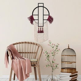Decoratiune de perete, Shamac, Macrame, Metal, Alb / Roșu Claret / Negru