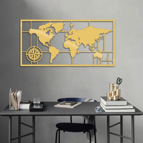 Decoratiune de perete, World Map Metal Decor 7, Metal, Dimensiune: 121 x 60 cm, Auriu