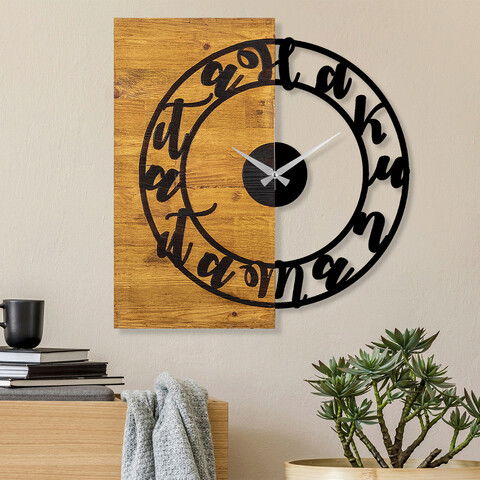 Ceas de perete, Wooden Clock 15, Lemn/metal, Dimensiune: 56 x 3 x 58 cm, Nuc / Negru