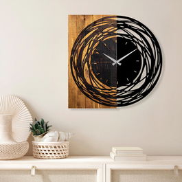 Ceas de perete, Wooden Clock 39, Lemn/metal, Dimensiune: 58 x 3 x 58 cm, Nuc deschis / Negru