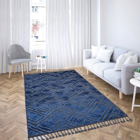 Covor de hol, Las Monte 3009, 80x150 cm, 60% bumbac;40% fibre acrilice, Gri/Albastru Marin