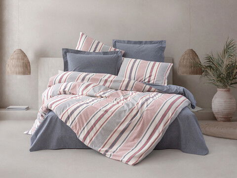 Lenjerie de pat dubla King (FR), 3 piese, Duo - Dark Blue, Cotton Box, 50% bumbac / 50% poliester