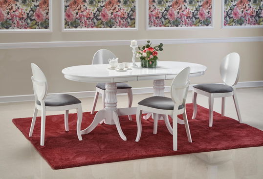Set masa extensibila din lemn si MDF Josette Alb + 4 scaune din lemn de fag tapitate cu stofa Verity Alb / Gri, L150-190xl90xH77 cm